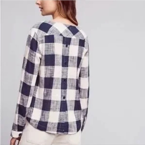 ANTHROPOLOGIE Cloth & Stone Buffalo Plaid Linen Top Button Back Large - Picture 2 of 7